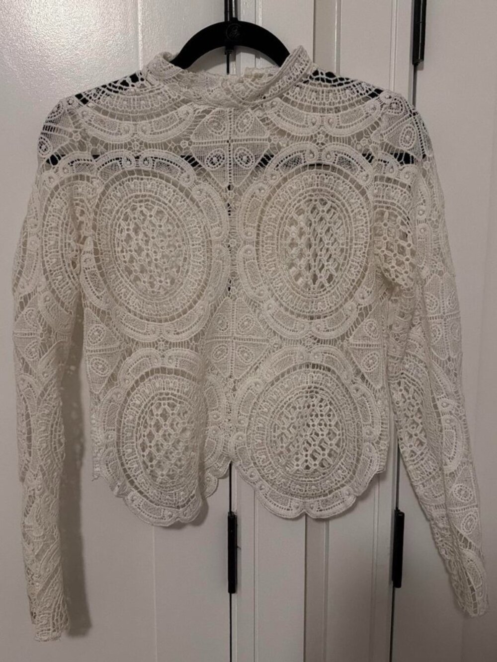 Bik Bok white lace crop top with circular and floral motifs